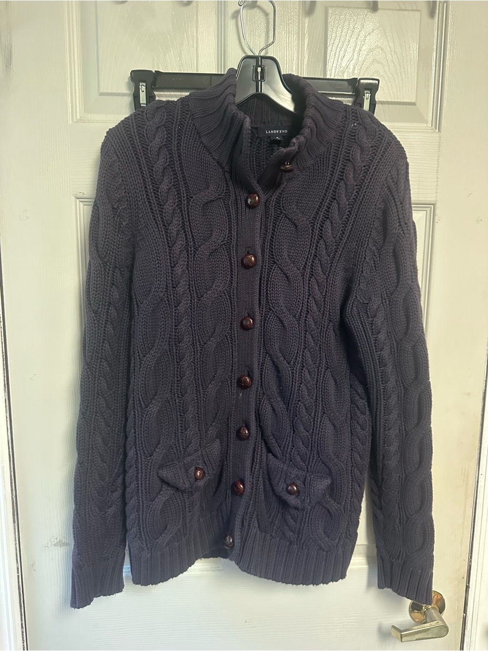 Lands' End Cable Knit Button-Up Cardigan - Dark Navy medium